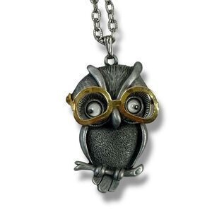 Vintage Signed FAB Owl Pendant Chain Necklace Pewter Tone Glasses Googly Eyes